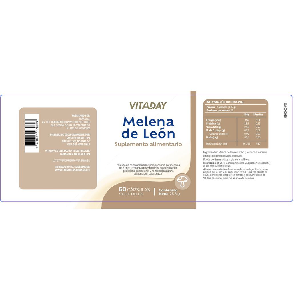 Vitaday Melena de Le&oacute;n 330 mg x 60 C&aacute;psulas, , large image number 0