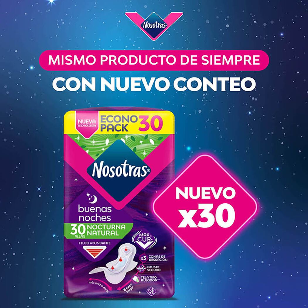 Toalla Higi&eacute;nica Nosotras Buenas Noches Flujo Abundante 30 un, , large image number 2