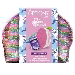Cosmetiquero Lentejuelas Rosado + Esponja + 1 Limas 7 Pasos + Masajeador