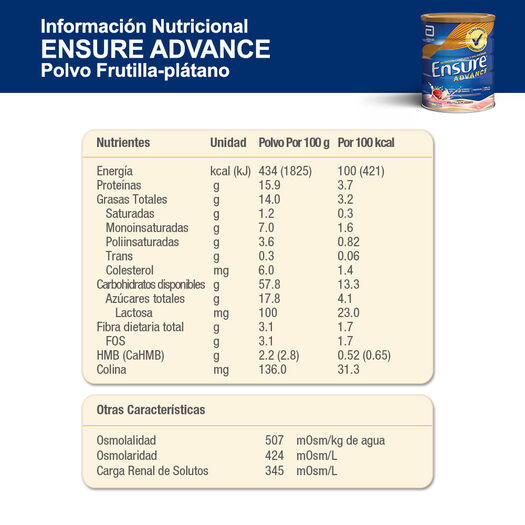 Ensure Advance Frutilla Platano 850 Grs, , large image number 1
