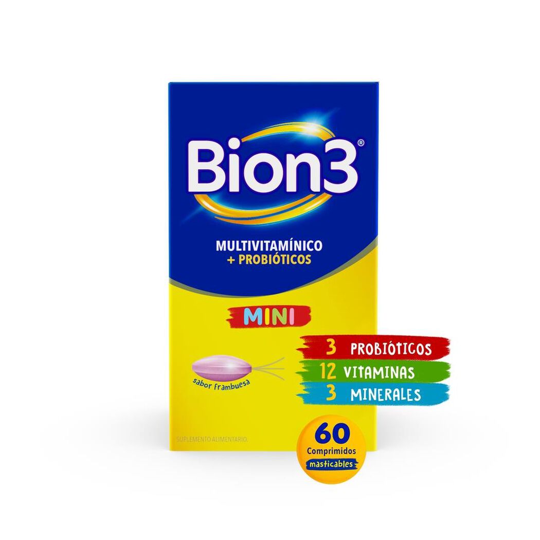 Multivitamínico Bion3 Mini sabor Frambuesa 60 Comprimidos Masticables, , large image number 0