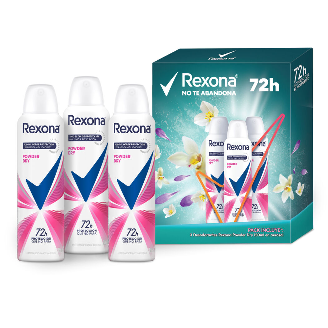 Pack Rexona 3 Desodorantes Aerosol Powder Dry, , large image number 1