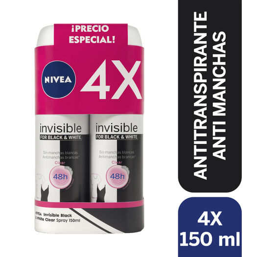 PACK 4x DESODORANTE SPRAY NIVEA BLACK & WHITE CLEAR 150ML, , large image number 0