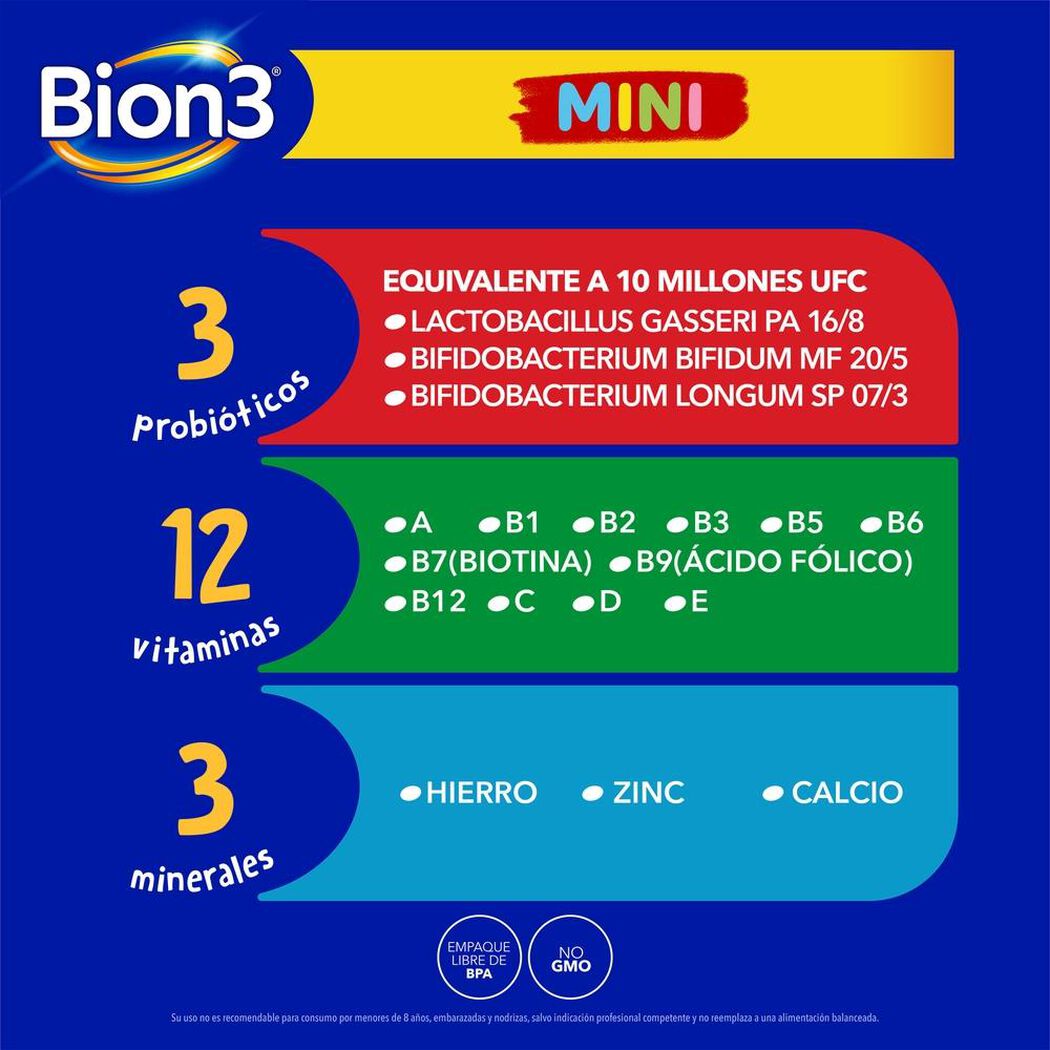 Bion3 Mini con Vitaminas, Minerales y Probióticos 30 Comprimido Masticable, , large image number 3