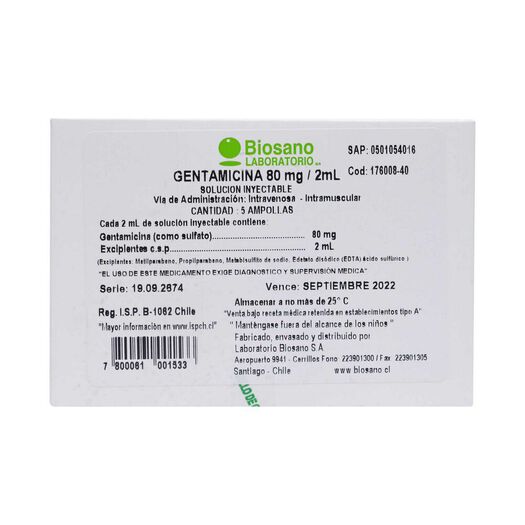 Gentamicina 80 mg/2 ml x 5 Ampollas Solución Inyectable BIOSANO, , large image number 0