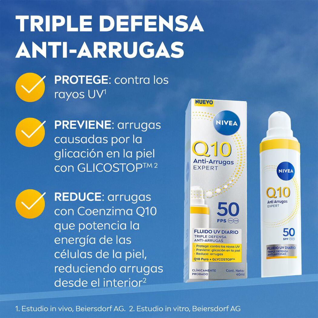 Nivea Q10 Crema Facial Fluido Antiarrugas uso Diario con protección solar FPS50 40ml, , large image number 1