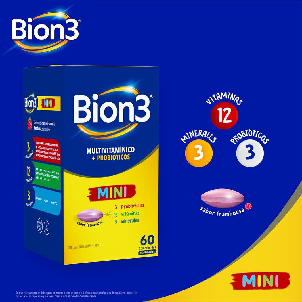 Multivitamínico Bion3 Mini sabor Frambuesa 60 Comprimidos Masticables, , large image number 2