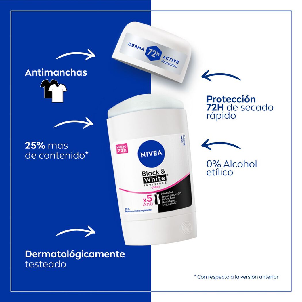 Desodorante Stick Nivea Black & White Clear 50 ml, , large image number 1