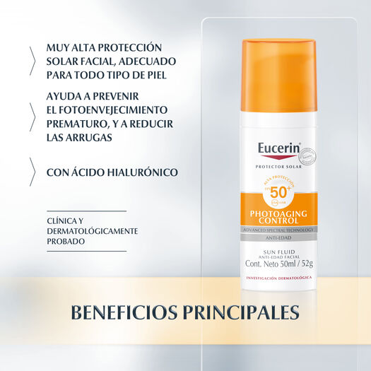 PROTECTOR SOLAR FACIAL FLUIDO ANTI-EDAD EUCERIN FPS 50 50 ML, , large image number 1