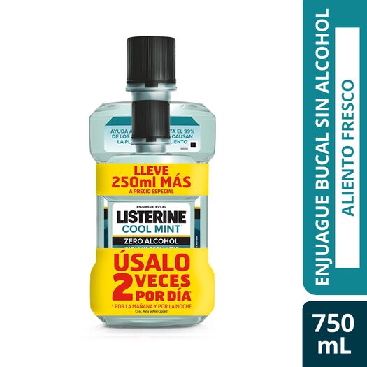 enjuague bucal listerine® promopack cool mint zero alcohol 500ml + 250 ml, , large image number 0