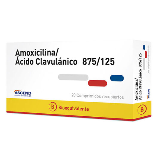 Amoxicilina 875 mg + Acido Clavulanico 125 mg Caja 20 Comp. Recubiertos ASCEND, , large image number 0