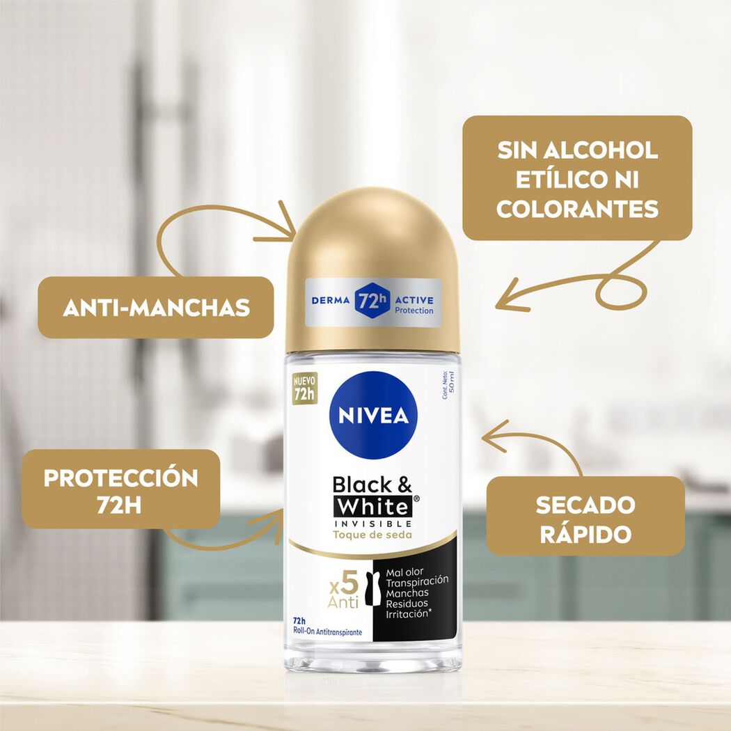 Desodorante Nivea Roll On Black & Whita Invisible Toque Seda 50 mL, , large image number 1