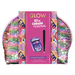 Cosmetiquero de lentejuelas + Pinza color + Encrespador Glow