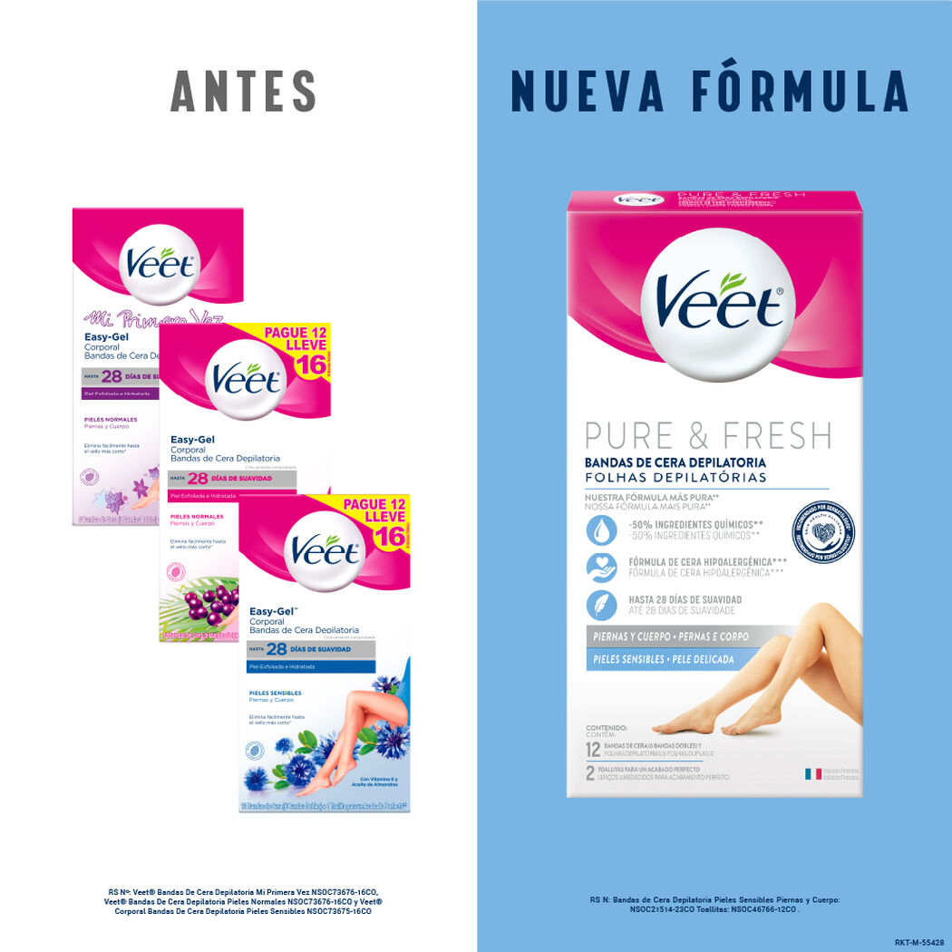 Veet Bandas Depilatorias Corporales Piel Sensible 12un. Pure & Fresh, , large image number 1