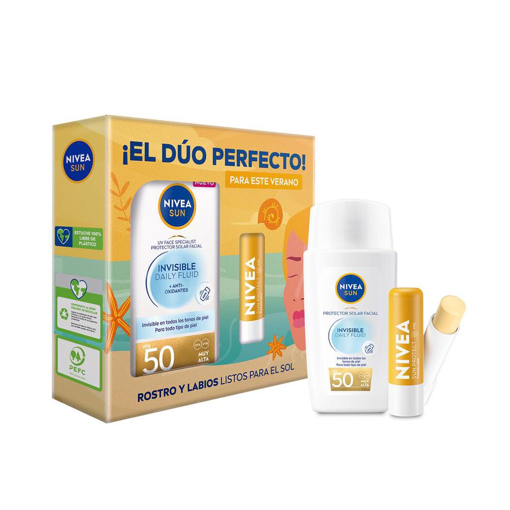 NIVEA Pack Bálsamo Labial Sun FPS20 + UV Face Invisible Daily Fluid FPS50, , large image number 0