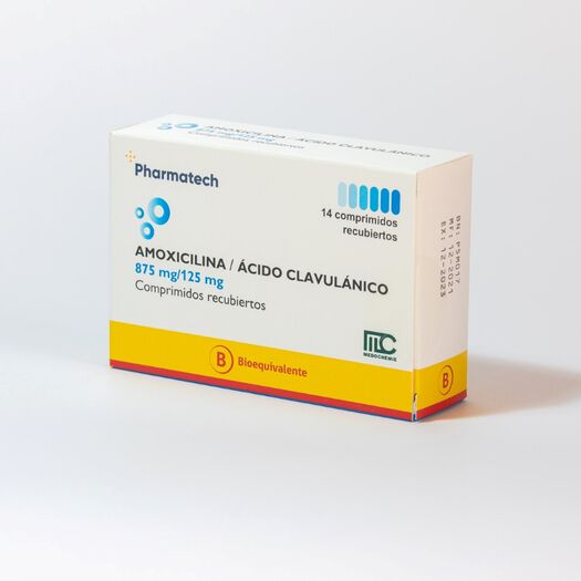 Amoxicilina 875 mg + Acido Clavulanico 125 mg x 14 Comprimidos Recubiertos PHARMATECH CHILE, , large image number 0