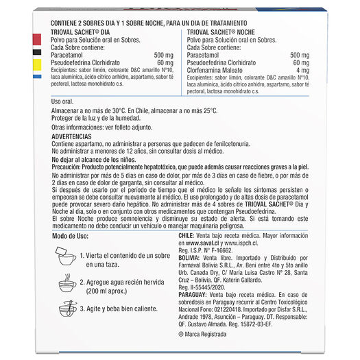  TRIO VAL SACHET Paracetamol 500 mg Pseudoefedrina Clorhidrato 60 mg Clorfenamina Maleato 4 mg 3 sachet, , large image number 1