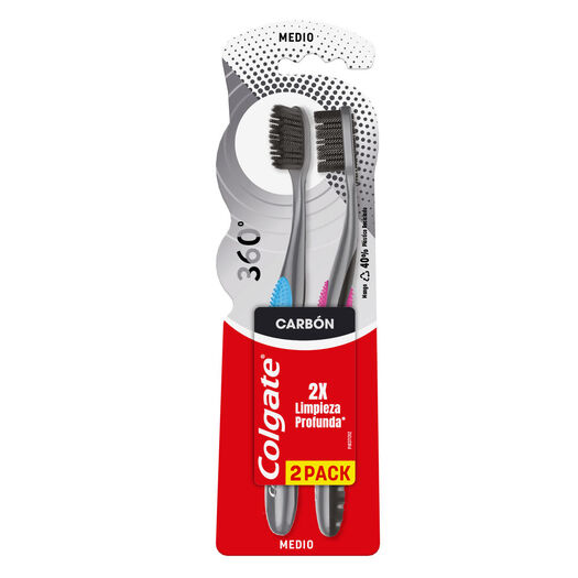Cepillo de Dientes Colgate 360 Carbón Medio 2 un, , large image number 1
