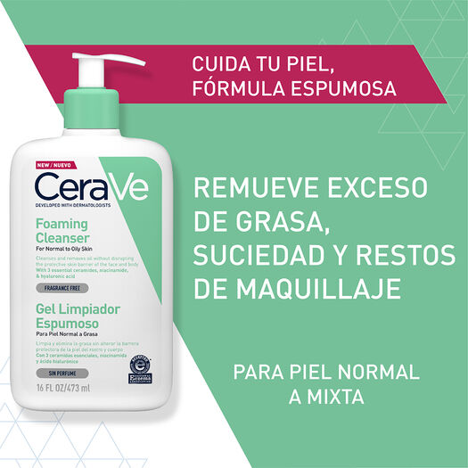 Limpiador Espumoso CeraVe Gel para piel mixta, grasa o con acné. 236 ml.  Libre de fragancia