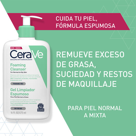  CeraVe Limpiador facial espumoso para pieles normales a grasas  (juego de 3 onzas y 16 onzas) : Belleza y Cuidado Personal