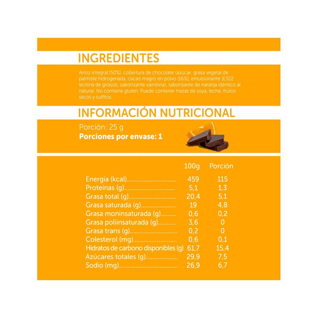Galletitas de arroz 100 % integral sabor chocolate y naranja 25 g, , large image number 1