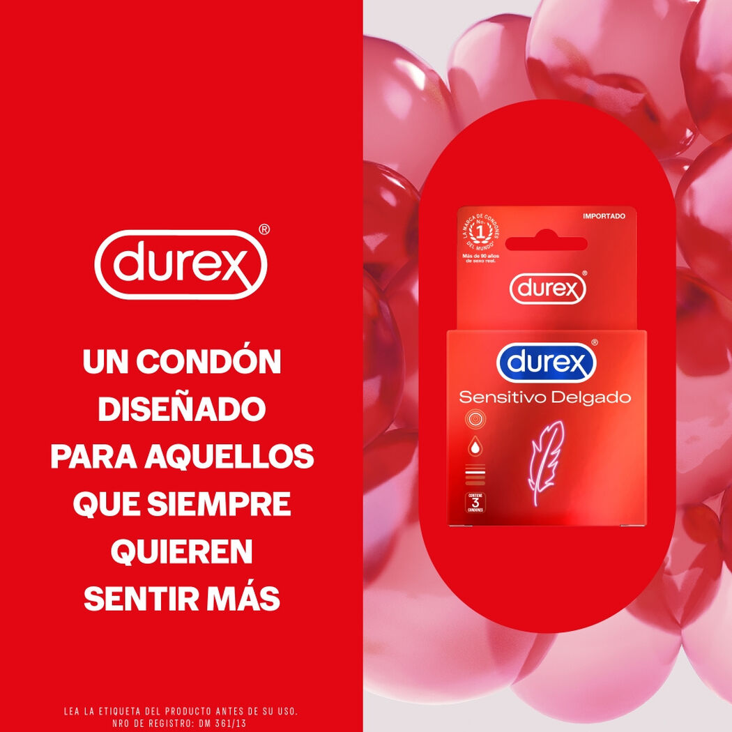 Durex Condones Sensitivo Delgado 3 unidades, , large image number 1