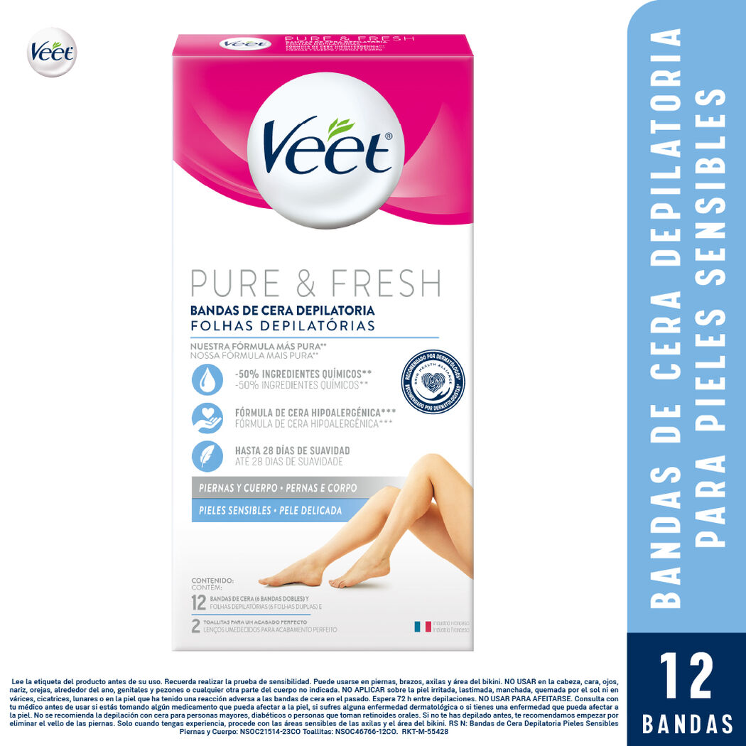 Veet Bandas Depilatorias Corporales Piel Sensible 12un. Pure & Fresh, , large image number 0