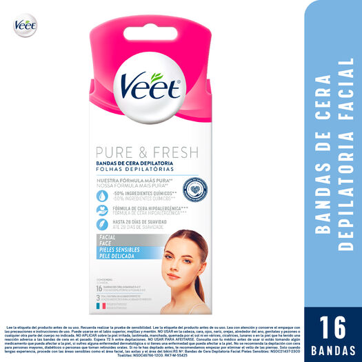 Veet Bandas Depilatorias Faciales Piel Sensible 16un. Pure & Fresh, , large image number 0