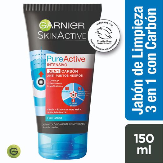 Garnier Jabón Líquido Facial Pure Active 3 En 1 Carbón x 150 mL, , large image number 1