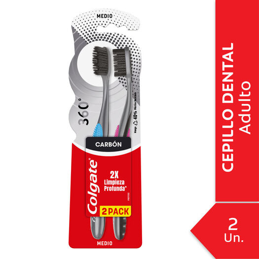 Cepillo de Dientes Colgate 360 Carbón Medio 2 un, , large image number 0