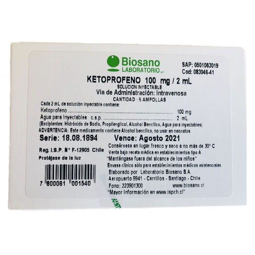 Ketoprofeno 100 mg/2 ml x 5 Ampollas Solución Inyectable IV BIOSANO, , large image number 0