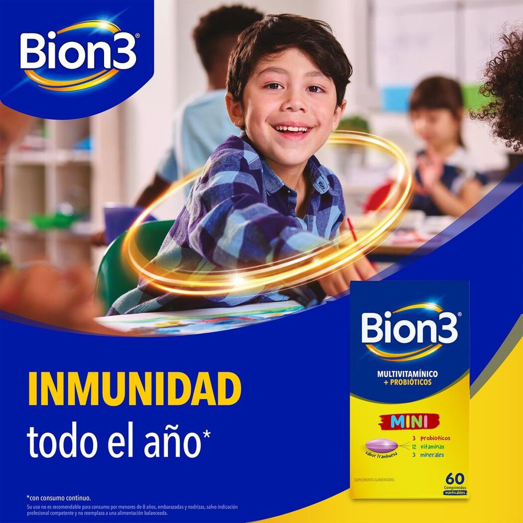 Multivitamínico Bion3 Mini sabor Frambuesa 60 Comprimidos Masticables, , large image number 1