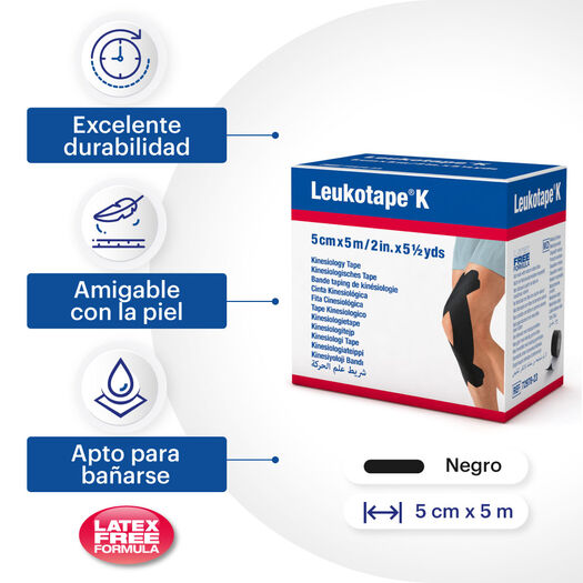 Leukotape K Tape Neuromuscular Negro 5cm x 5m 1 Und., , large image number 0