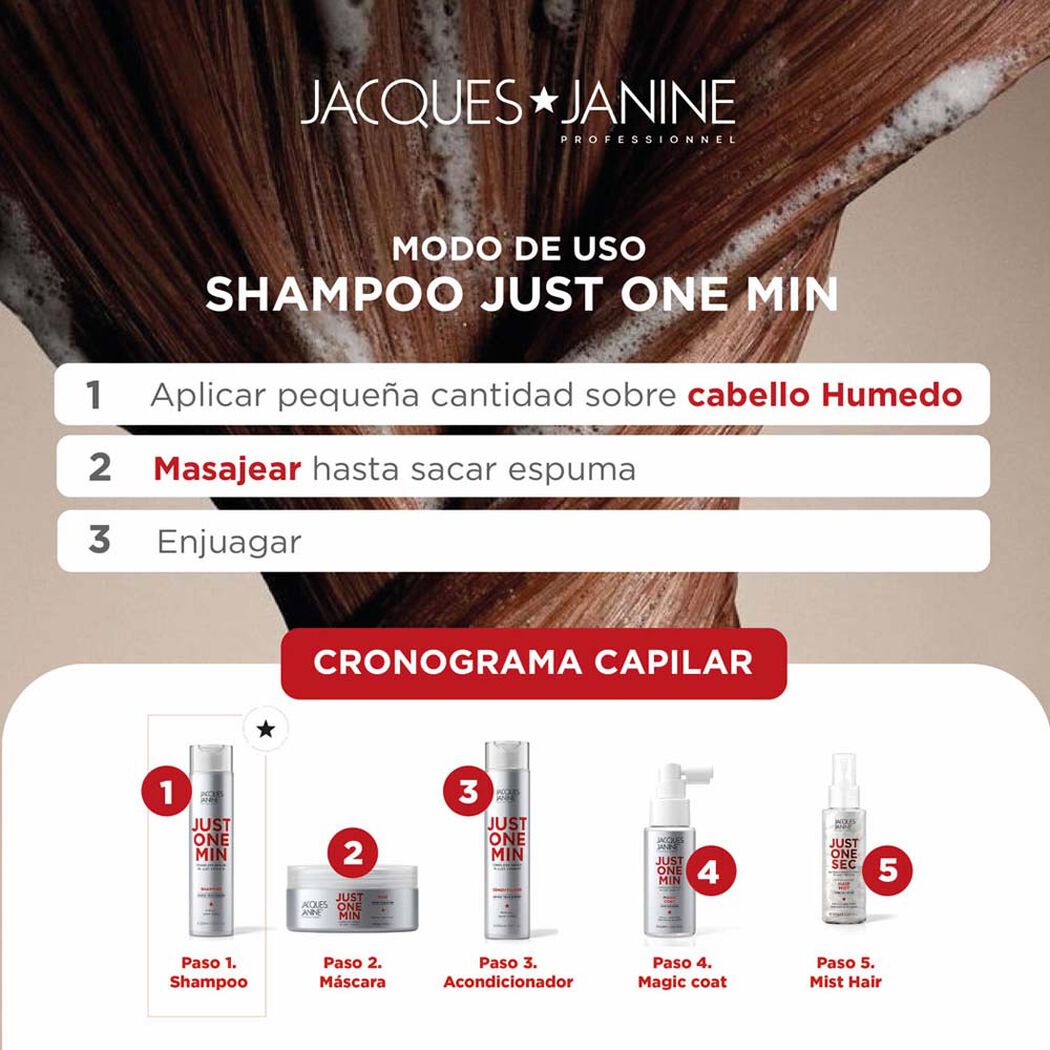 Shampoo Jacques Janine Just One Minute Reparador 300 ml, , large image number 3