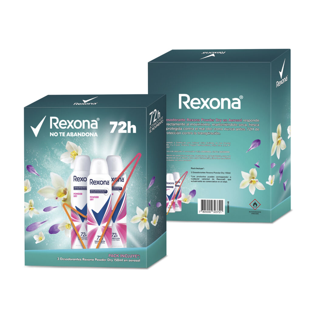 Pack Rexona 3 Desodorantes Aerosol Powder Dry, , large image number 2