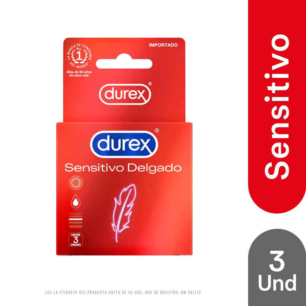 Durex Condones Sensitivo Delgado 3 unidades, , large image number 0