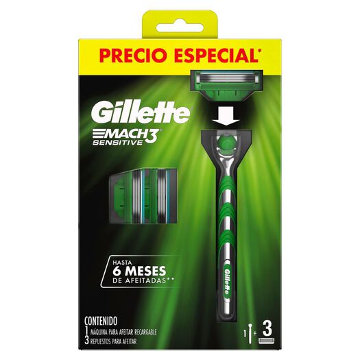 Máquina De Afeitar Recargable Gillette Mach3 Sensitive + 3 Repuestos Con Aloe Y Vitamina E, , large image number 4