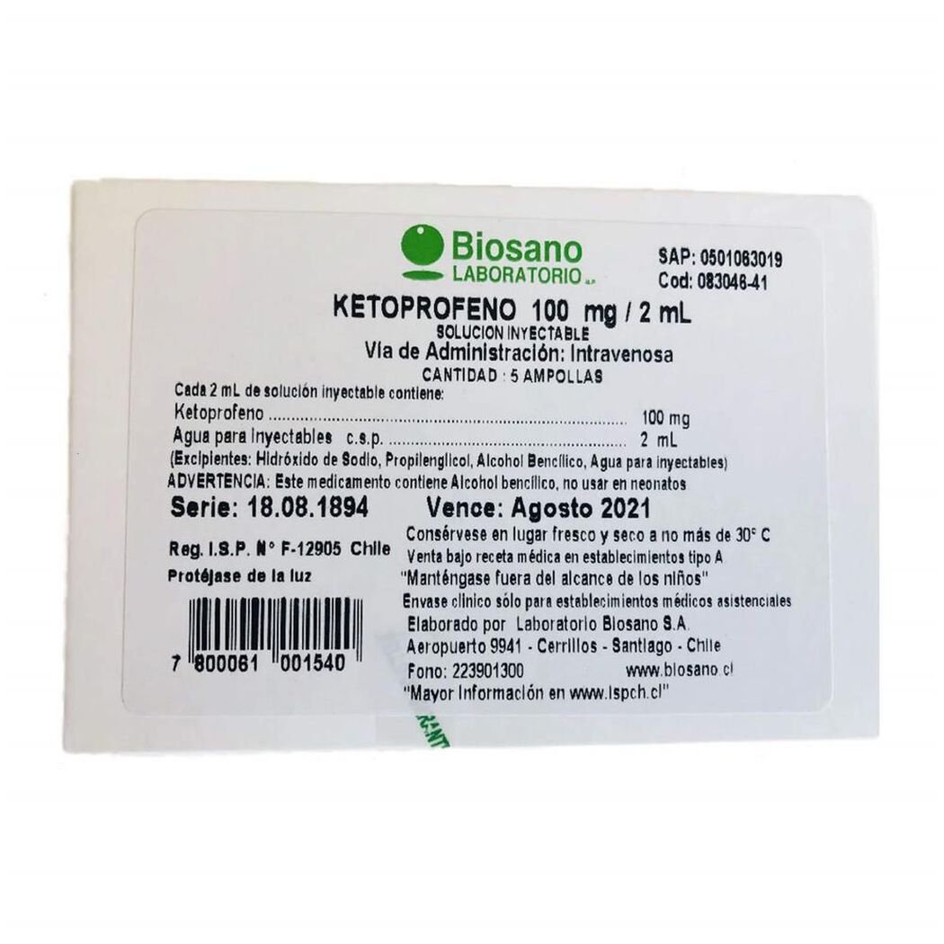 Ketoprofeno 100 mg/2 ml x 5 Ampollas Solución Inyectable IV BIOSANO, , large image number 1