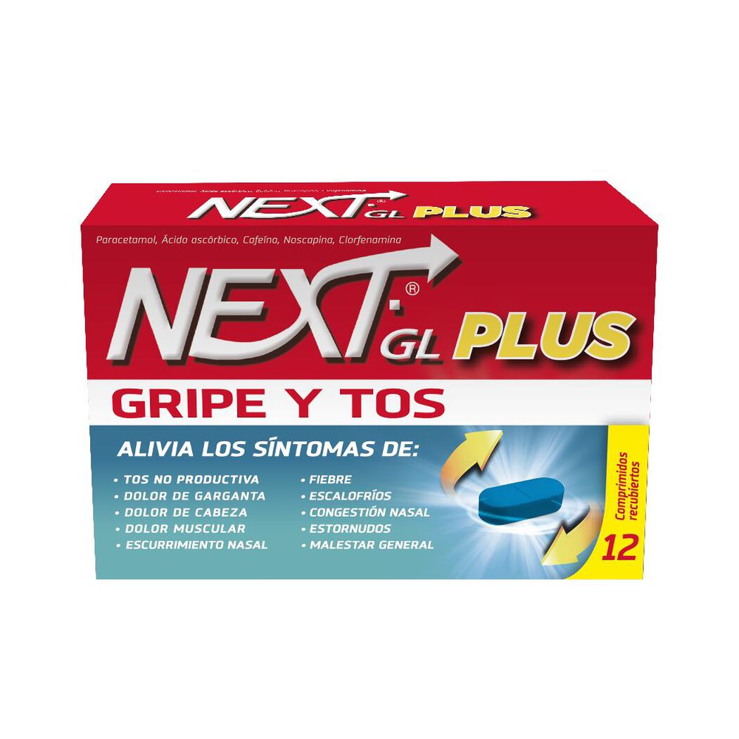 Next GL Plus Gripe y Tos 12 Comprimidos Recubiertos, , large image number 1